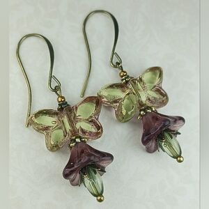 HAND CRAFTED Green Purple Glass Butterfly Flower Fairycore Boho Nature Earrings